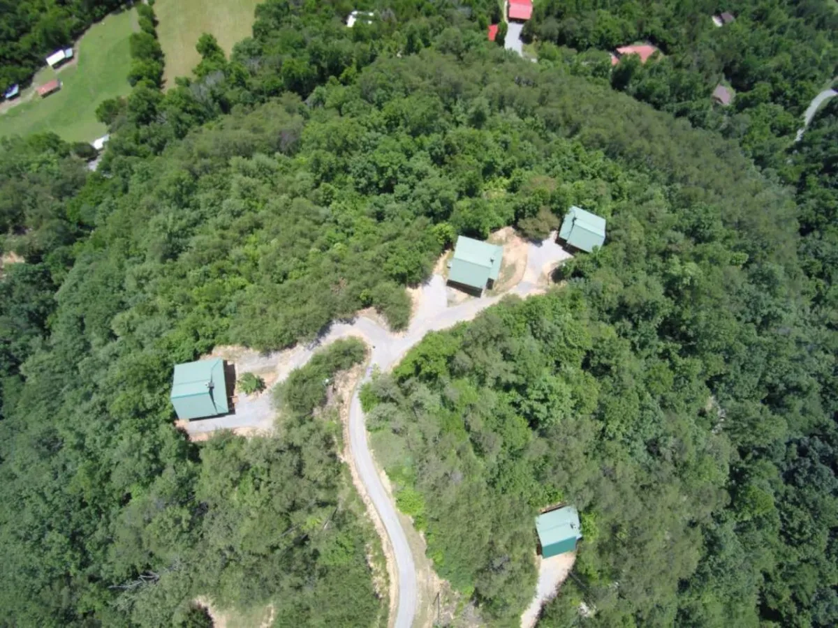 A tranquil view showcases scattered cabins nestled amid lush greenery, with a winding road leading through the landscape. The image evokes a sense of peaceful exploration, inviting families to discover the area's natural beauty and engage in outdoor adventures together.