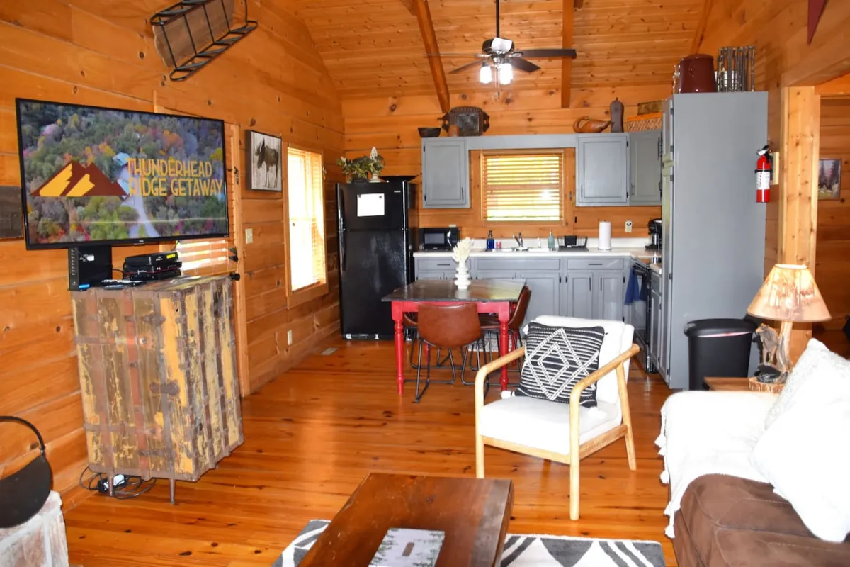 A wide view of a cozy, open-plan living space featuring wooden walls, a rustic dining table, a modern kitchen area, a comfortable seating area with plush sofas, and a TV displaying a scenic image. The atmosphere is warm and inviting, with natural light filtering through windows and a harmonious blend of dining, lounging, and cooking spaces.