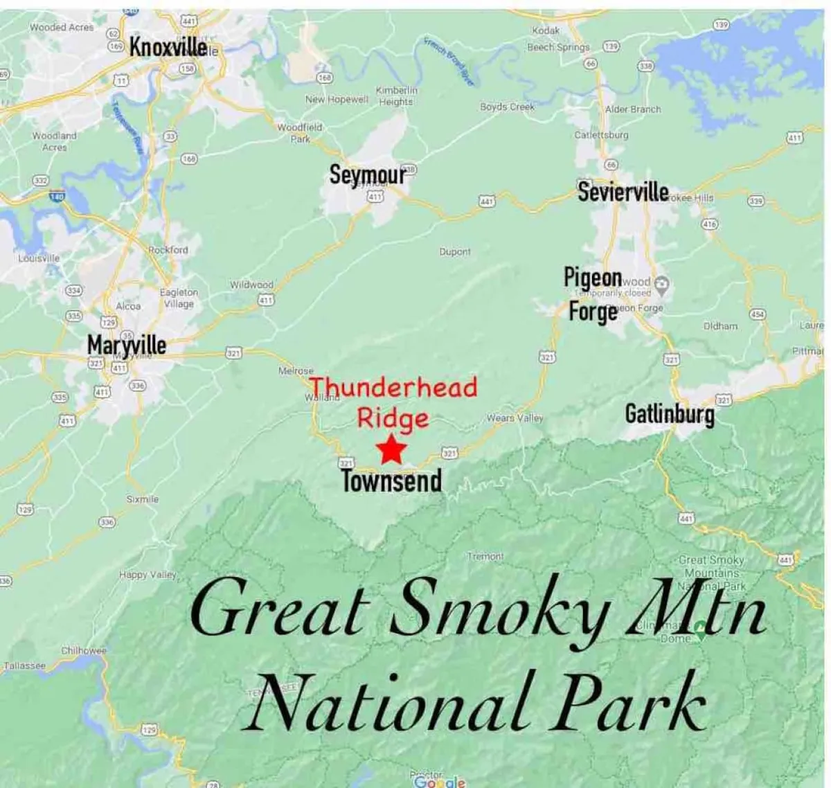 A panoramic view encompassing Great Smoky Mountain National Park, the scenic Thunderhead Ridge, and neighboring towns like Townsend, Knoxville, Maryville, Pigeon Forge, and Gatlinburg. The image highlights a combination of forested mountains and charming small towns, suggesting easy access to both wild and cultural adventures.