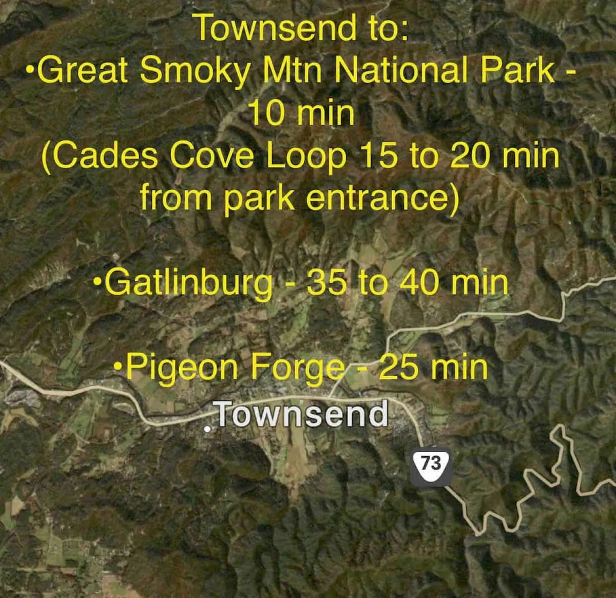 A detailed map of Townsend and its proximity to Great Smoky Mountain National Park and other area attractions, highlighting travel times and local points of interest. The image sets the stage for planning family outings and exploring nearby destinations.