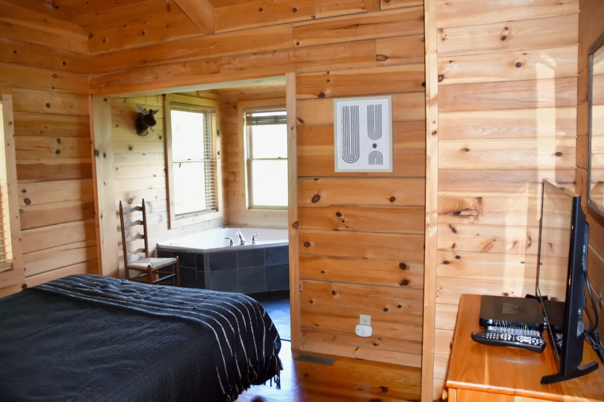 A multi-functional space with wooden walls, a queen bed dressed in a striped blanket, a soaking bathtub, a wall-mounted television, and artwork. Natural light streams in, creating a comfortable, restful setting suitable for relaxation in bed or the tub.